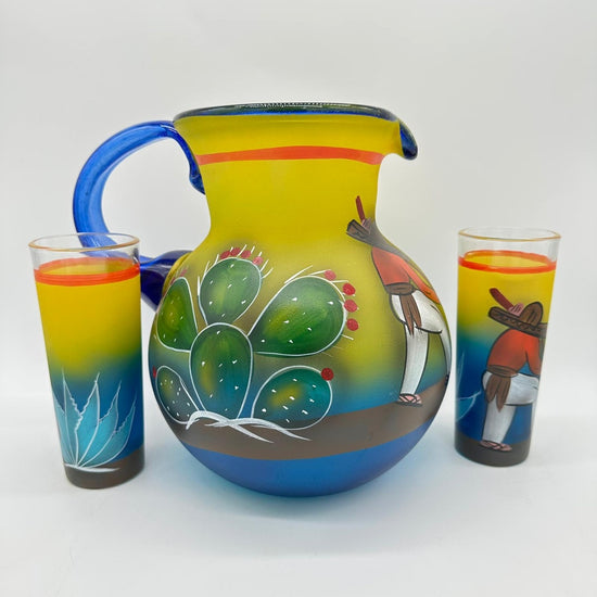 Jarra de Vidrio Soplado con 6 Vasos Blown Glass Pitcher with 6 Glasses